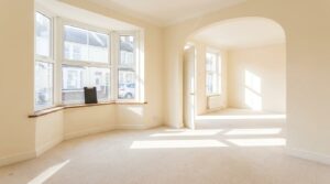 Bright empty through-lounge in a terraced house ready for viewings